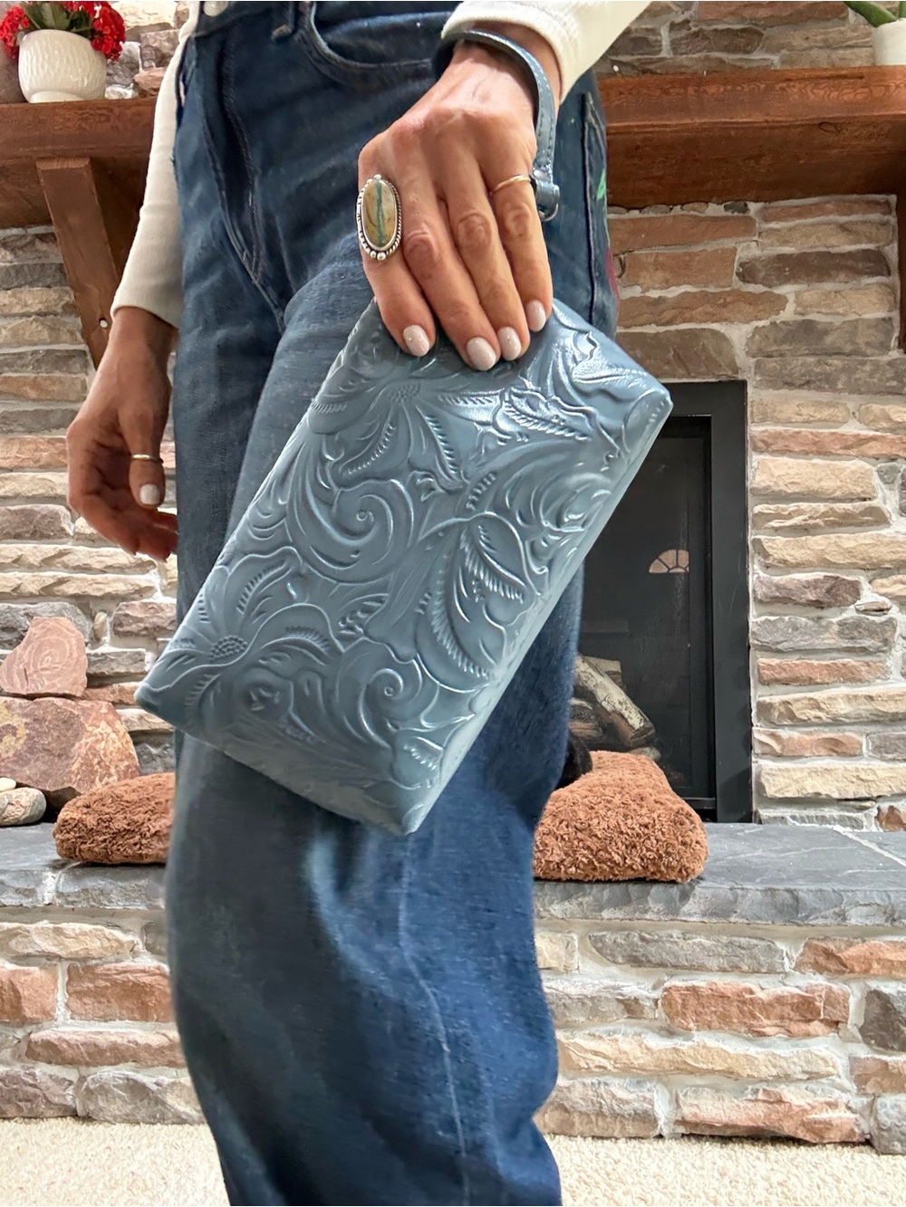 Patricia Nash Valerie safflower blue Tooled
Floral Leather Wristlet clutch